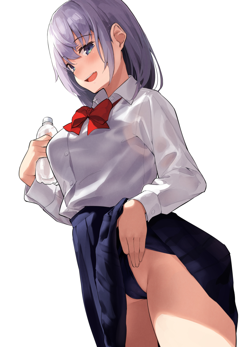 1girl :d bangs blue_eyes blue_skirt blush bottle breasts collared_shirt commentary_request dress_shirt grey_hair highleg highleg_swimsuit highres kekemotsu long_hair long_sleeves looking_at_viewer medium_breasts one-piece_swimsuit open_mouth original pleated_skirt red_neckwear revision shirt simple_background skirt skirt_lift smile swimsuit swimsuit_under_clothes thighs water_bottle white_background white_shirt