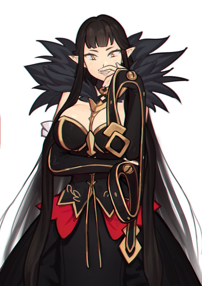 1girl arm_under_breasts black_dress black_hair breasts commentary covering_mouth detached_sleeves dress english_commentary fate/apocrypha fate_(series) hand_over_own_mouth hand_up large_breasts long_hair looking_at_viewer pointy_ears semiramis_(fate) simple_background smile solo sunna_(nilsunna) very_long_hair white_background yellow_eyes
