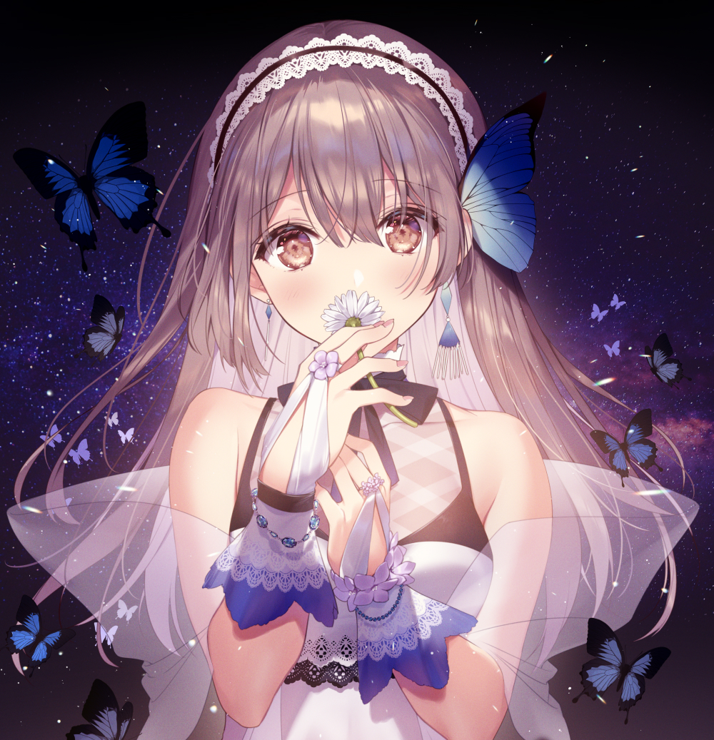 1girl bare_shoulders blush breasts brown_eyes brown_hair bug butterfly dress earrings eyebrows_visible_through_hair eyes_visible_through_hair flower gloves hair_between_eyes hairband insect jewelry long_hair looking_at_viewer medium_breasts necomi original sleeveless solo upper_body