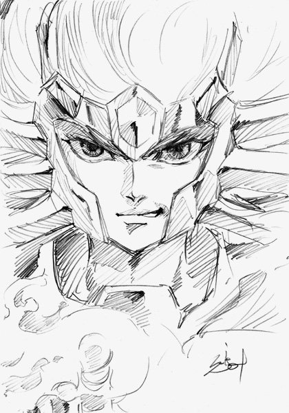 1boy article_s cancer_deathmask close-up face flame floating_hair helmet male monochrome portrait saint_seiya serious sketch solo spiky_hair