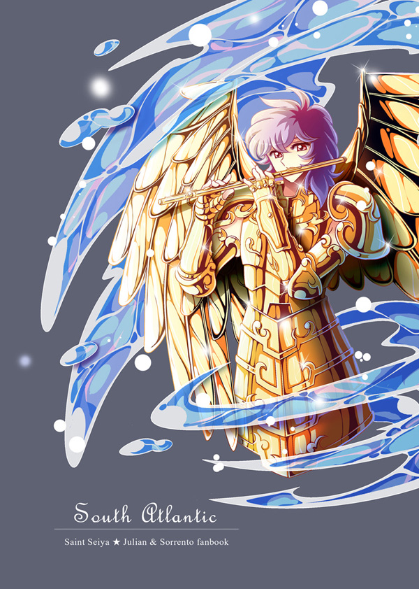 armor cover flute golden_armor purple_hair saint_seiya sellen simple_background siren_sorrento water wings