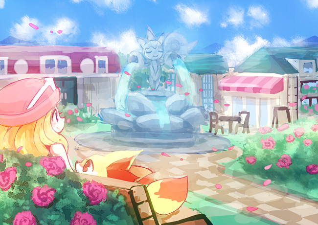 1girl bench blonde_hair building chair closed_mouth clouds commentary_request day eyewear_on_headwear fennekin flower fountain gen_3_pokemon gen_6_pokemon kokoroko long_hair on_bench outdoors pink_headwear pokemon pokemon_(creature) pokemon_(game) pokemon_xy purple_flower roselia serena_(pokemon) sitting sky sleeveless smile sunglasses table white-framed_eyewear