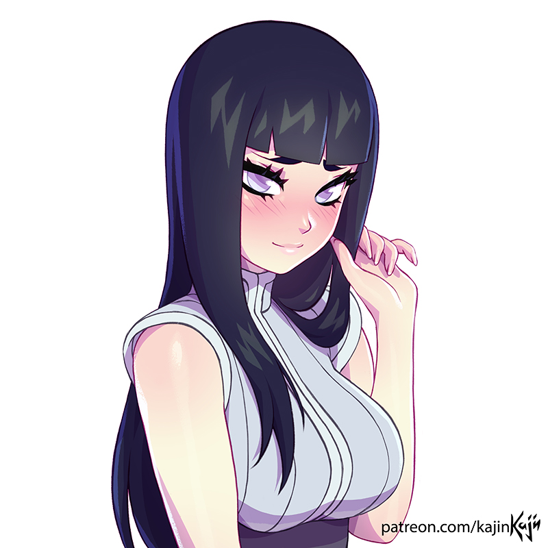 1girl artist_name bangs black_hair blunt_bangs blush breasts hyuuga_hinata kajin_(kajinman) large_breasts long_hair looking_at_viewer naruto_(series) naruto_shippuuden patreon_username simple_background sleeveless smile solo upper_body violet_eyes watermark white_background