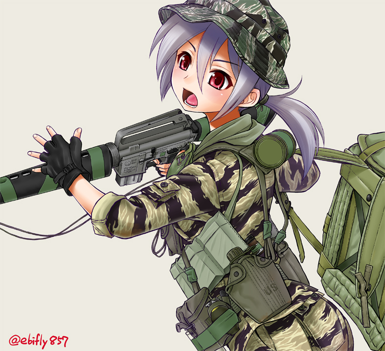 1girl ar-15 backpack bag black_gloves camouflage camouflage_headwear camouflage_jacket camouflage_pants canteen cowboy_shot ebifly fingerless_gloves fingernails from_side gloves grey_background gun hat holding holding_gun holding_weapon military military_uniform open_mouth original pants ponytail pouch purple_hair red_eyes rifle simple_background soldier solo twitter_username uniform weapon