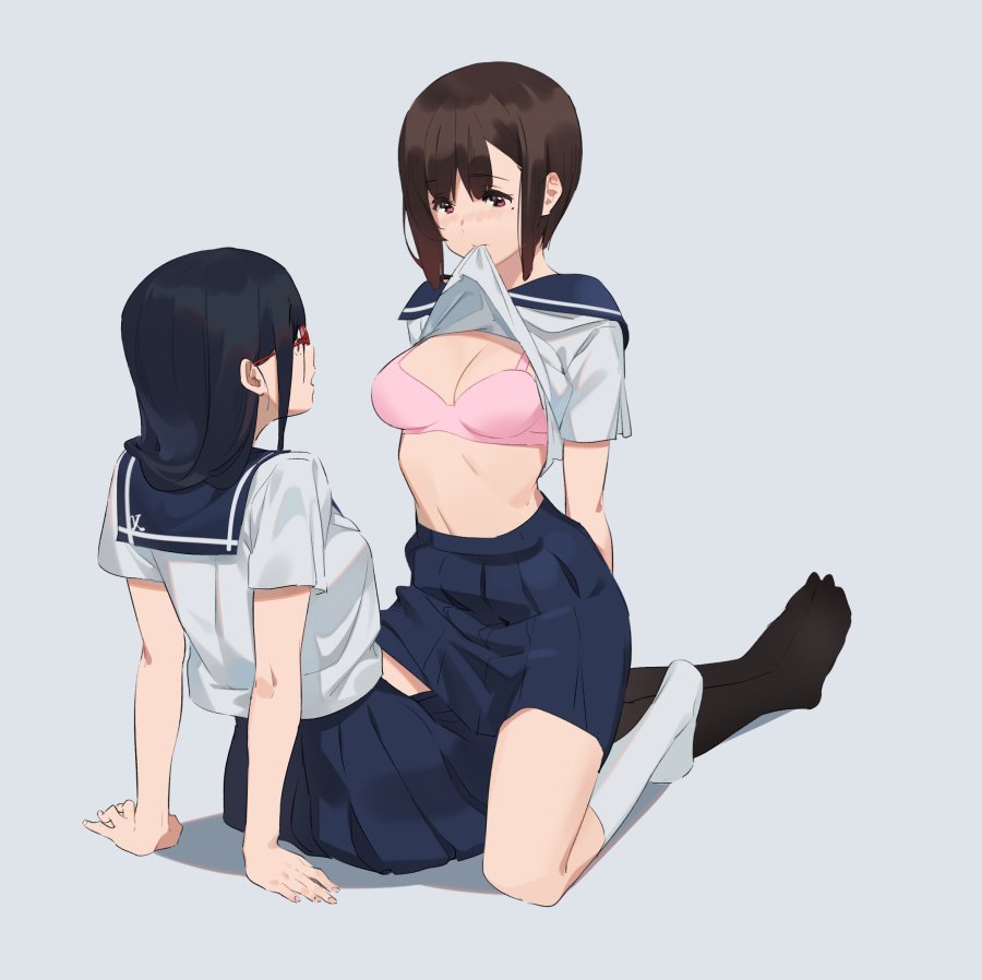 2girls bra glasses hibike!_euphonium kamo_kamen kitauji_high_school_uniform lifted_by_self long_hair mouth_hold multiple_girls nakaseko_kaori red-framed_eyewear school_uniform straddling tanaka_asuka underwear yuri