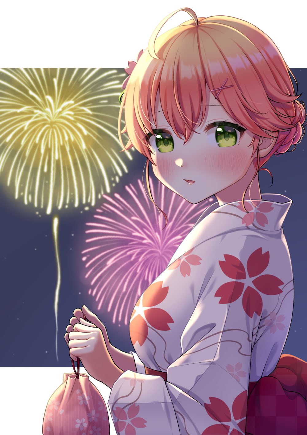 1girl ahoge alternate_costume alternate_hairstyle blush cherry_blossom_print fireworks floral_print from_side green_eyes hair_ornament hairclip highres hololive japanese_clothes looking_at_viewer night night_sky pink_hair sakura_miko sky solo tomozu virtual_youtuber x_hair_ornament