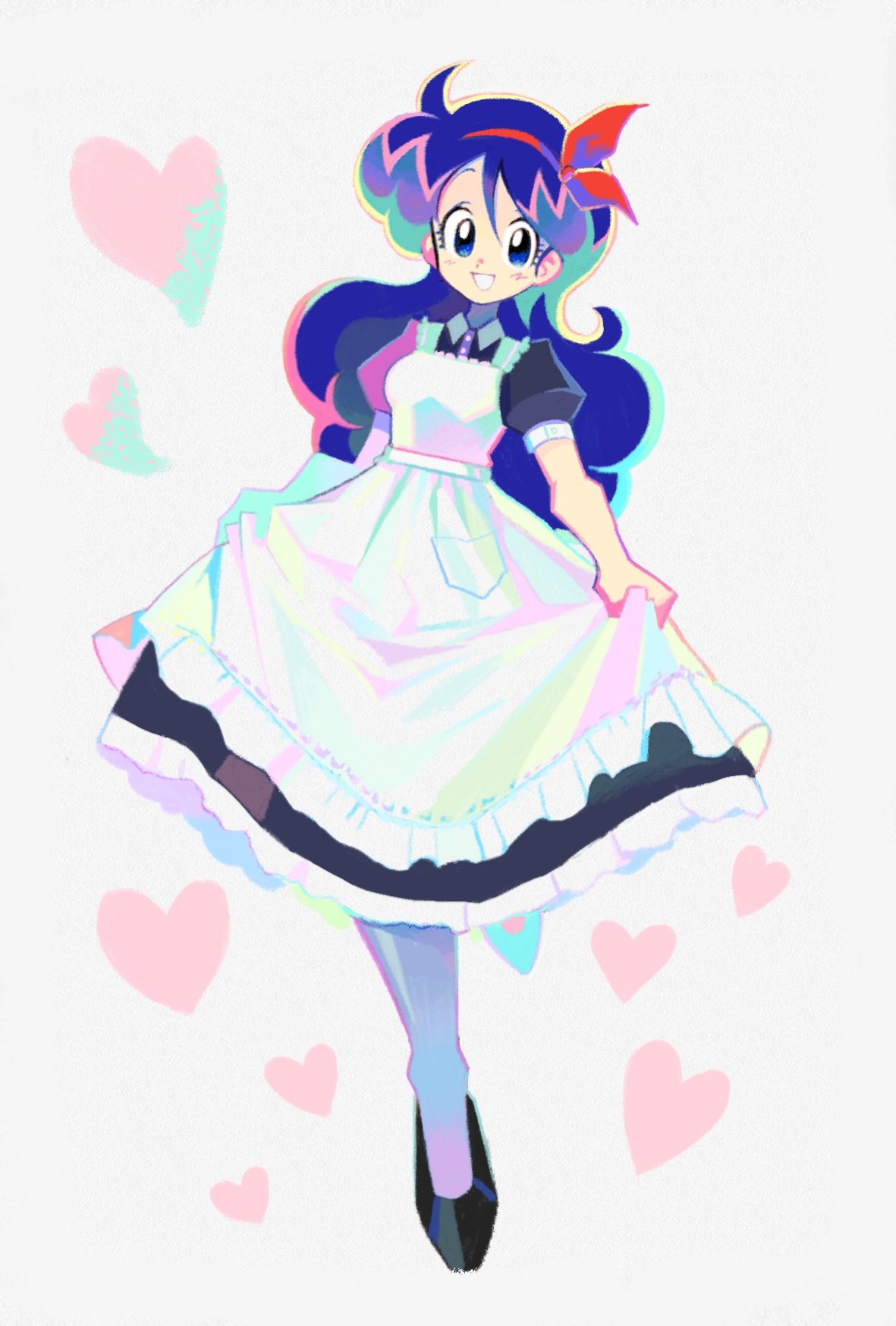 1girl :d apron beige_background black_dress black_footwear blue_eyes blue_hair breasts collared_dress colorful commentary curly_hair denaseey dot_nose dragon_ball dragon_ball_(classic) dress eyelashes frilled_apron frilled_dress frills full_body grey_legwear hair_ribbon happy heart heart_background highres long_hair looking_at_viewer lunch_(dragon_ball) maid maid_apron medium_breasts multicolored multicolored_hair open_mouth outline pantyhose pastel_colors puffy_short_sleeves puffy_sleeves red_ribbon ribbon short_sleeves simple_background skirt_hold smile solo white_apron
