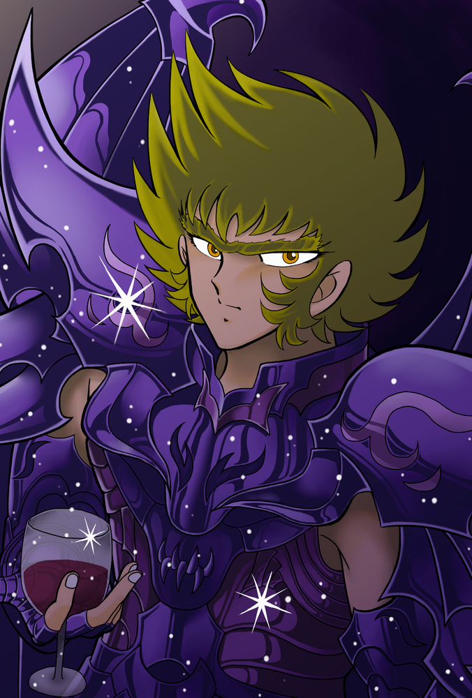 1boy armor blonde_hair glass glass_of_wine long_hair male posing purple_armor saint_seiya sera_(artist) shining_armor unibrow wine wyvern_radamanthys yellow_eyes
