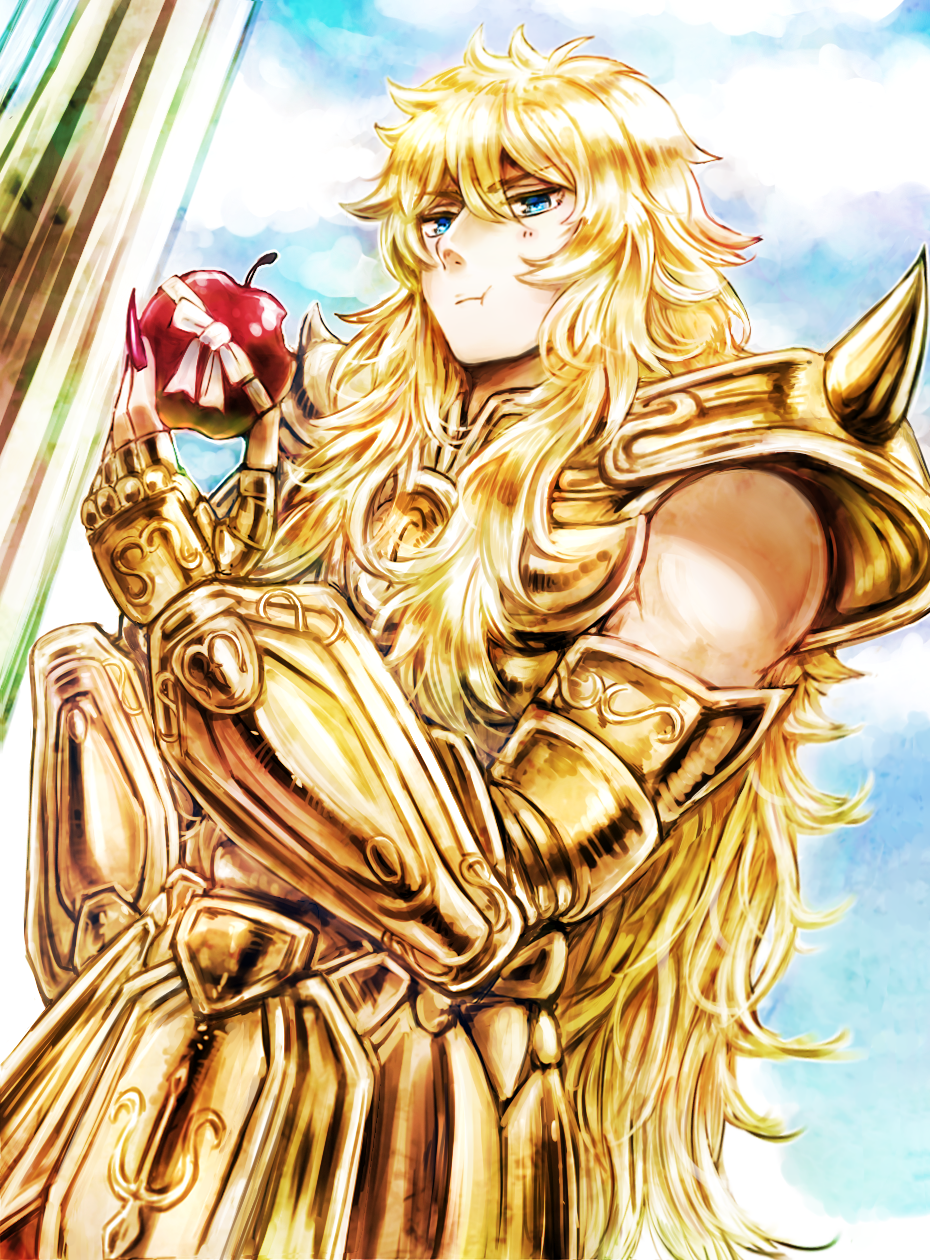 1boy apple armor blonde_hair blue_eyes blue_sky eating golden_armor greek_columns long_hair male outdoors saint_seiya scorpio_milo sky