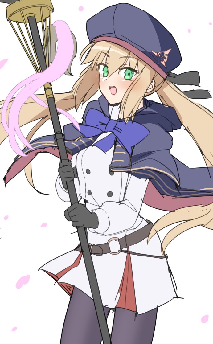 1girl akitokage01 artoria_pendragon_(all) artoria_pendragon_(caster) blonde_hair bow breasts commentary_request cowboy_shot eyebrows_visible_through_hair fate/grand_order fate_(series) gloves green_eyes hair_between_eyes hat holding holding_staff long_sleeves looking_at_viewer open_mouth pantyhose simple_background skirt small_breasts solo staff teeth tongue white_background