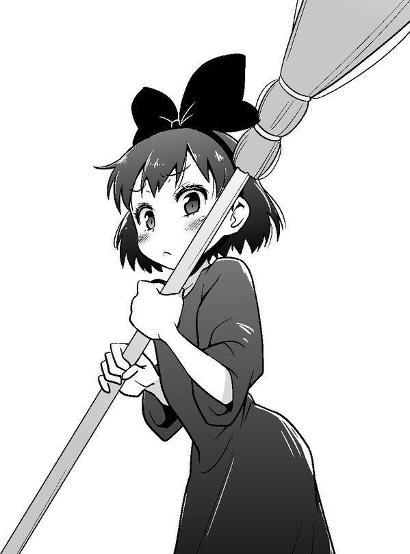 1girl blush bow broom closed_mouth clutch_shot_king dress greyscale hair_bow hairband kiki looking_at_viewer majo_no_takkyuubin monochrome short_hair simple_background solo white_background