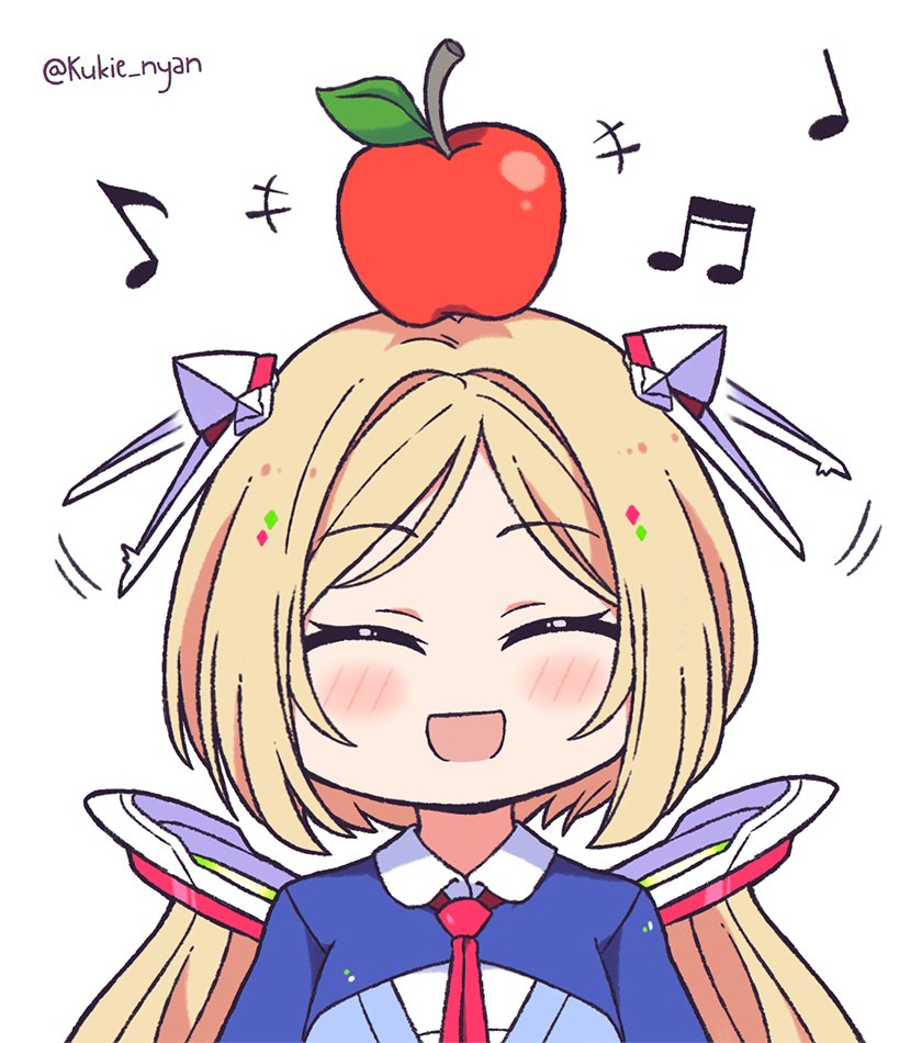 +++ 1girl aki_rosenthal apple artist_name beamed_eighth_notes blonde_hair blush closed_eyes commentary_request detached_hair eighth_note eyebrows_visible_through_hair facing_viewer food food_on_head fruit hair_between_eyes hair_ornament hololive kukie-nyan musical_note necktie object_on_head open_mouth quarter_note red_neckwear simple_background solo virtual_youtuber white_background