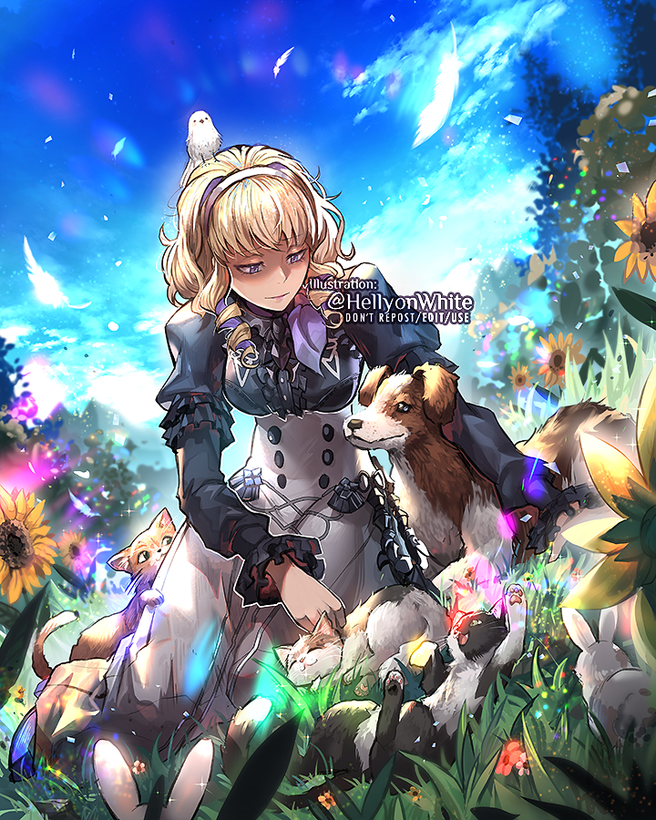 1girl bird blonde_hair blue_eyes blue_sky cat closed_mouth clouds constance_von_nuvelle day dog feathers fire_emblem fire_emblem:_three_houses flower garreg_mach_monastery_uniform grass hairband long_sleeves multicolored_hair outdoors paula_biedma purple_hair short_hair sitting sky solo sunflower twitter_username uniform