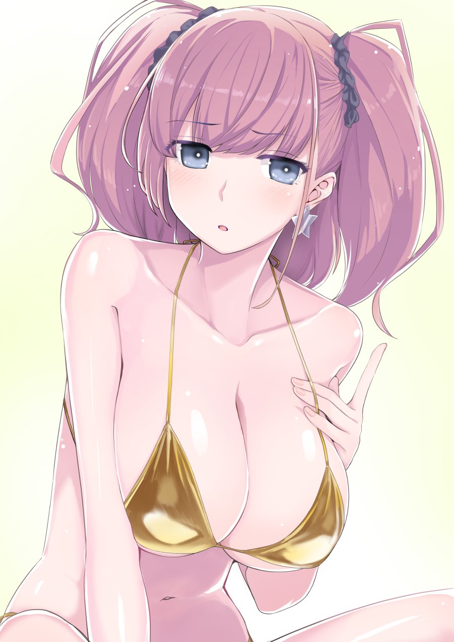 1girl atlanta_(kantai_collection) blush breasts brown_hair earrings gold_bikini grey_eyes hand_on_breast highres jewelry kantai_collection kumadano large_breasts long_hair navel scrunchie star_(symbol) star_earrings stomach two_side_up upper_body yellow_background