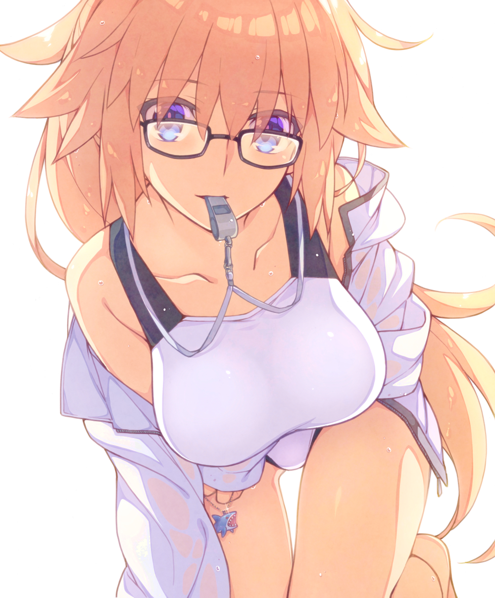 1girl ass_visible_through_thighs bare_shoulders blonde_hair blue_eyes breasts collarbone commentary_request eyebrows_visible_through_hair eyes_visible_through_hair fate/grand_order fate_(series) glasses hair_between_eyes highres jeanne_d'arc_(fate) jeanne_d'arc_(fate)_(all) jeanne_d'arc_(swimsuit_archer) large_breasts long_hair looking_at_viewer one-piece_swimsuit saipaco simple_background solo swimsuit very_long_hair wet white_background