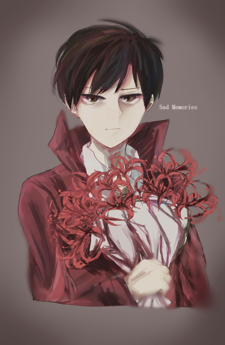 1boy black_hair bouquet coat darren_shan flower open_clothes open_coat red_coat red_eyes short_hair solo spider_lily the_saga_of_darren_shan waku_(ginuribiyori)