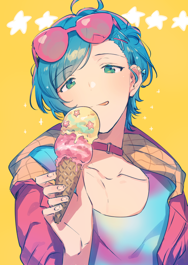 1boy :q ahoge bangs bangs_pinned_back blue_hair collar commentary_request ear_piercing ensemble_stars! eyebrows_visible_through_hair eyewear_on_head food gradient_clothes gradient_shirt green_eyes hair_ornament hairclip hareyuu holding holding_food ice_cream_cone jacket licking_lips long_sleeves piercing pink_jacket raised_eyebrows shinkai_kanata short_hair simple_background solo sparkle sunglasses tongue tongue_out upper_body yellow_background