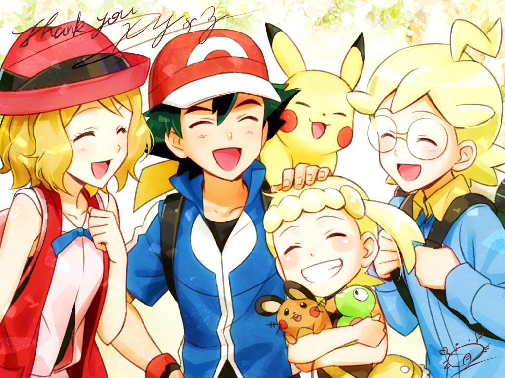 2boys 2girls :d baseball_cap blonde_hair blue_jacket blue_ribbon citron_(pokemon) closed_eyes collarbone dedenne eureka_(pokemon) friends gen_1_pokemon gen_6_pokemon green_hair grin hand_on_hip hat jacket kanimaru legendary_pokemon multiple_boys multiple_girls neck_ribbon open_mouth petting pikachu pokemon pokemon_(anime) pokemon_(creature) pokemon_xy_(anime) red_headwear ribbon rimless_eyewear round_eyewear satoshi_(pokemon) serena_(pokemon) short_hair short_sleeves smile thank_you upper_body zygarde zygarde_core