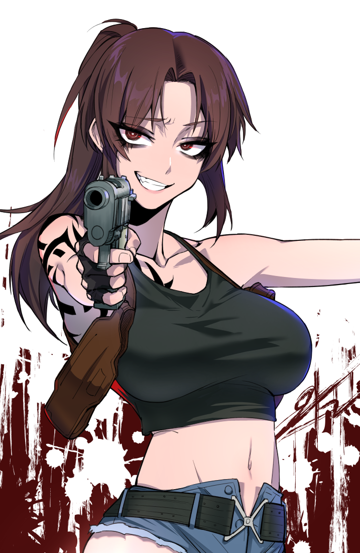 1girl aiming_at_viewer arm_tattoo bare_shoulders black_lagoon breasts brown_hair collarbone denim denim_shorts eyebrows_visible_through_hair eyes_visible_through_hair fingerless_gloves gloves gun handgun holding holding_gun holding_weapon holster j.k. looking_at_viewer medium_breasts midriff navel pistol ponytail revy_(black_lagoon) short_shorts shorts simple_background sleeveless solo standing stomach tattoo teeth upper_body weapon white_background