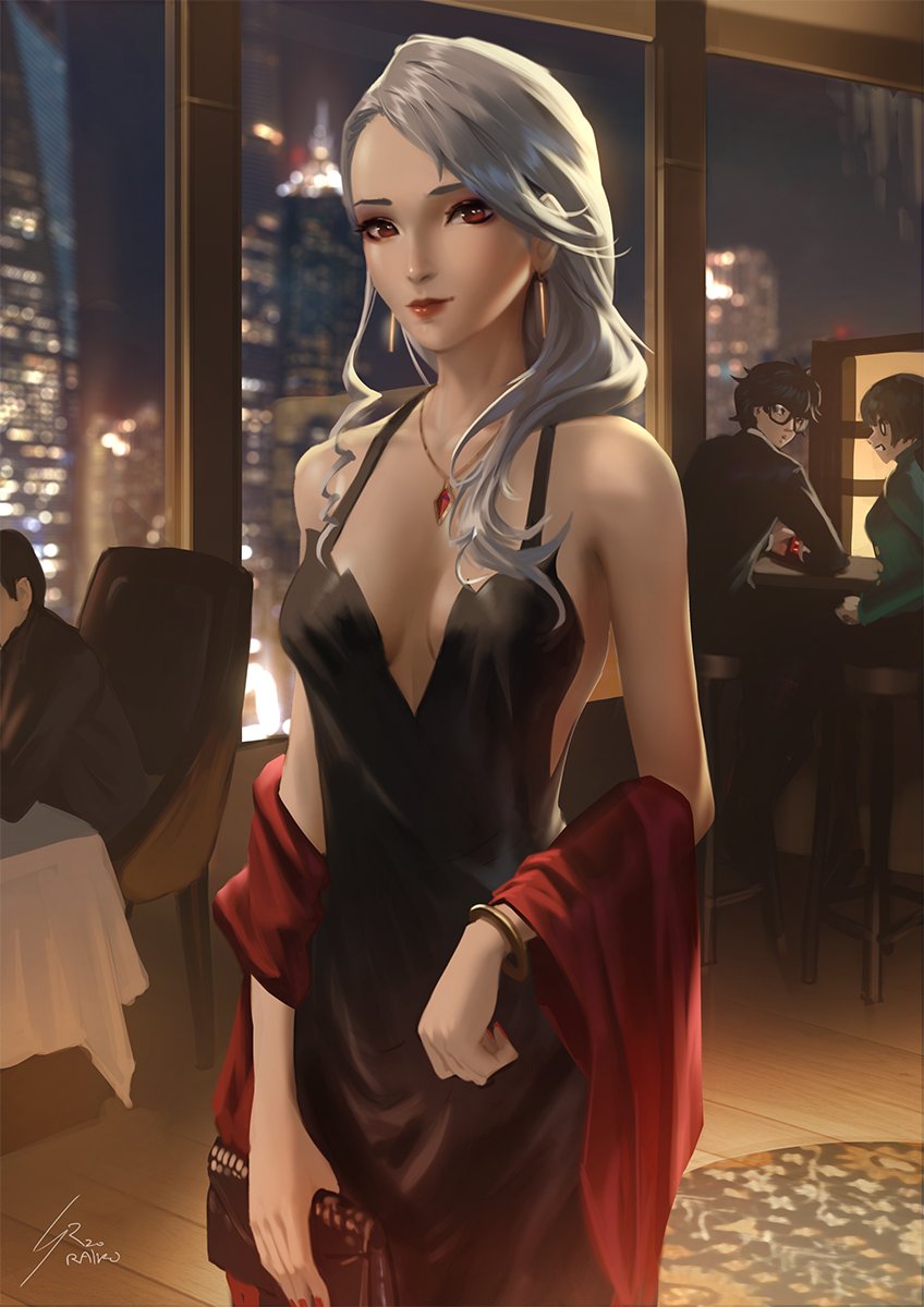 2boys 2girls amamiya_ren asymmetrical_hair bare_shoulders black_dress breasts breasts_apart center_opening character_request cityscape cowboy_shot dress highres jewelry lips looking_at_viewer medium_breasts multiple_boys multiple_girls night niijima_sae no_bra pendant persona persona_5 raikoart red_eyes rug signature silver_hair sitting solo_focus standing window