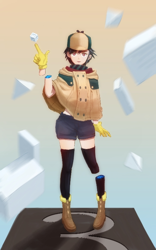 1girl black_hair black_legwear black_shorts boots brown_coat brown_eyes brown_footwear coat disembodied_limb full_body gloves hat hijiriido_miyo id_:invaded looking_at_viewer pixier pointing short_hair shorts solo standing thigh-highs yellow_gloves