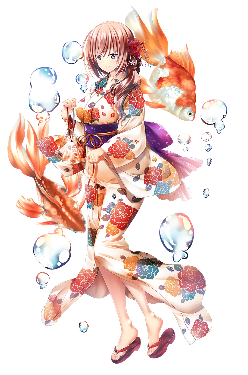 1girl blue_eyes bubble character_request closed_mouth female fish full_body goldfish hair_ornament highres japanese_clothes kimono long_hair long_sleeves looking_away no_legwear no_socks nobushito obi official_art print_kimono sandals sash shoes simple_background smile solo solo_focus taimanin_(series) taimanin_rpgx tied_hair white_background zol