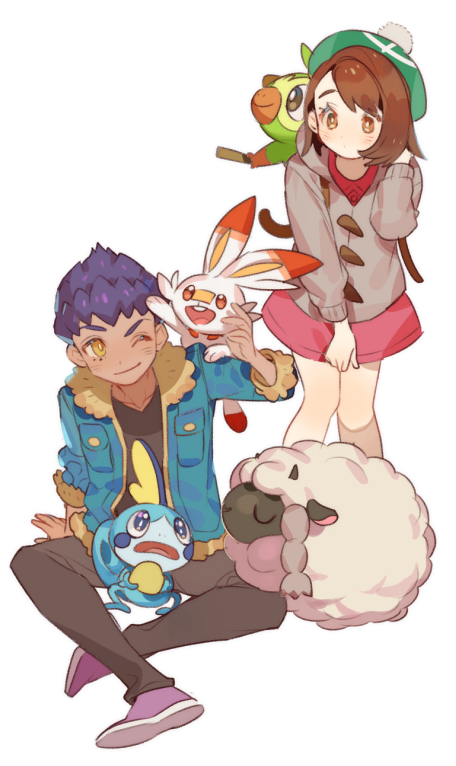 1boy 1girl ;) arm_support bangs black_pants blue_jacket bob_cut brown_eyes brown_hair cardigan dark_skin dark_skinned_male dress gen_8_pokemon green_headwear grey_cardigan grookey hop_(pokemon) indian_style jacket leaning_forward long_sleeves one_eye_closed open_clothes open_jacket pants pink_dress pokemon pokemon_(creature) pokemon_(game) pokemon_swsh purple_footwear purple_hair scorbunny shoes short_hair simple_background sitting skirt skirt_tug smile sobble swept_bangs tam_o'_shanter u_u white_background wooloo yellow_eyes yuuri_(pokemon) zuizi