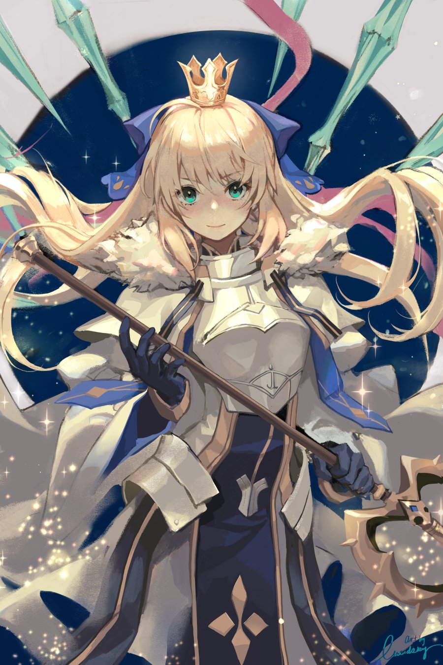 1girl ahoge armor armored_dress artoria_pendragon_(all) artoria_pendragon_(caster) bangs blonde_hair breasts crown fate/grand_order fate_(series) gloves green_eyes highres holding holding_staff long_hair long_sleeves looking_at_viewer lucidsky medium_breasts staff