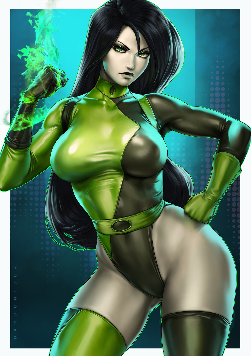 black_hair breasts dandon_fuga fire green_eyes green_fire highres kim_possible long_hair looking_at_viewer medium_breasts serious shego standing tightrope