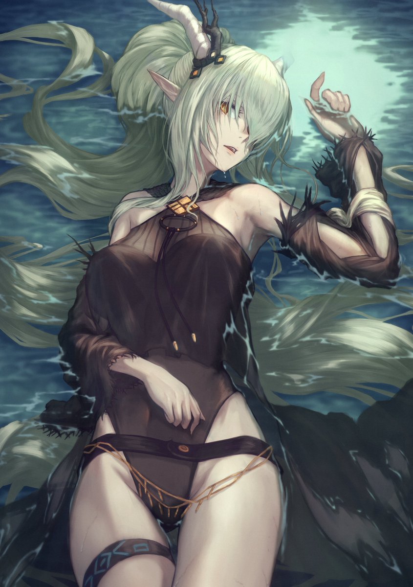 1girl arknights arm_up bangs bare_shoulders belt black_swimsuit breasts brown_eyes covered_navel cowboy_shot criss-cross_halter demon_horns halterneck high_ponytail highleg highleg_swimsuit highres horns long_hair looking_at_viewer lying medium_breasts on_back one-piece_swimsuit open_mouth partially_submerged pointy_ears shining_(arknights) silver_hair solo swimsuit thigh_strap very_long_hair water wet yasu_(segawahiroyasu)