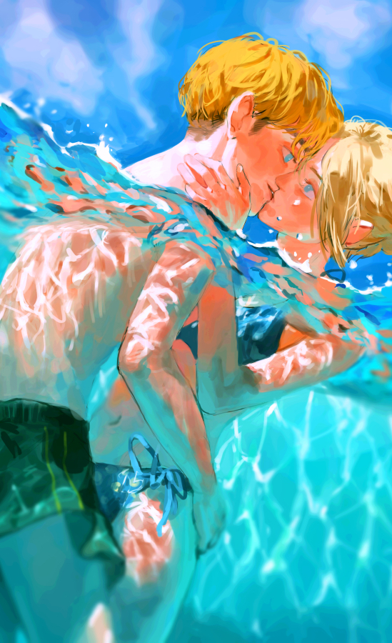 1boy 1girl annie_leonhardt armin_arlert bikini blonde_hair blue_bikini blue_eyes hug kiss shingeki_no_kyojin swimsuit water