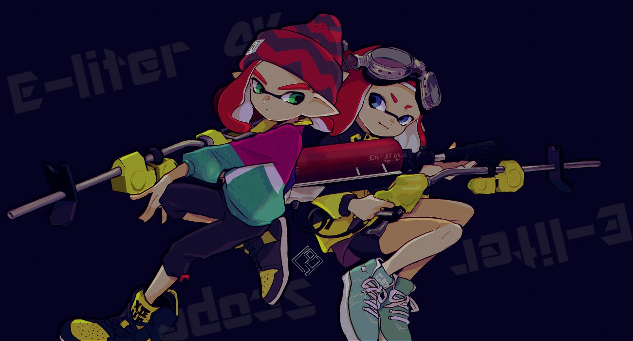 1boy 1girl back-to-back bangs beanie black_pants black_shorts blue_eyes blunt_bangs closed_mouth commentary cross-laced_footwear domino_mask e-liter_4k_(splatoon) english_commentary english_text floating goggles goggles_on_head green_eyes green_footwear grey_skirt hat high_tops holding holding_weapon imaikuy0 inkling jacket light_frown light_smile long_sleeves looking_at_viewer mask medium_hair multicolored multicolored_clothes multicolored_jacket no_socks pants pointy_ears red_headwear redhead shoes shorts shorts_under_skirt skirt sneakers splatoon_(series) tentacle_hair weapon yellow_footwear yellow_jacket
