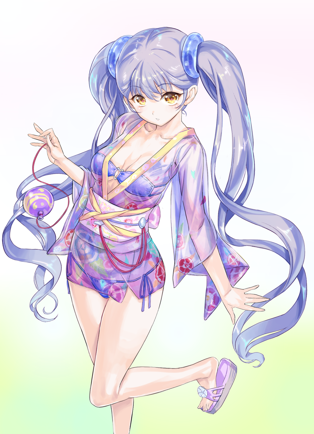 1girl bikini blue_bikini blue_hair breasts floral_print gradient gradient_background hair_ornament highres hoshino_ruri japanese_clothes kidou_senkan_nadesico kimono kiyama_satoshi leg_lift long_hair looking_at_viewer medium_breasts obi sash see-through short_kimono short_yukata side-tie_bikini solo string_bikini swimsuit twintails very_long_hair yellow_eyes yukata