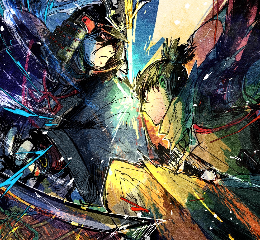 2boys armor ashina_genichirou battle black_armor black_cloak black_eyes black_hair brown_scarf cloak closed_mouth commentary duel emphasis_lines fighting_stance haori helmet holding holding_sword holding_weapon japanese_armor japanese_clothes kabuto katana kofuku_(artist) leaning_forward male_focus multicolored multicolored_background multiple_boys ninja ponytail red_eyes samurai scarf sekiro sekiro:_shadows_die_twice short_hair short_ponytail sparks sword upper_body weapon