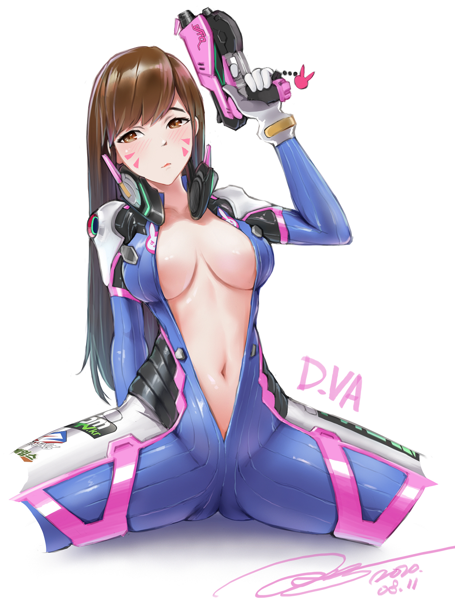 1girl animal_print arm_behind_back bangs blue_bodysuit blush bodysuit breasts brown_eyes brown_hair bunny_print character_name charm_(object) clothes_writing collarbone commentary_request cowboy_shot crotch d.va_(overwatch) dated facepaint facial_mark finger_on_trigger gloves gun handgun headphones headphones_around_neck highres holding holding_gun holding_weapon janload1ng large_breasts long_hair looking_at_viewer navel no_bra overwatch pilot_suit pink_lips pistol ribbed_bodysuit shoulder_pads signature simple_background skin_tight solo spread_legs swept_bangs unzipped weapon whisker_markings white_background white_gloves