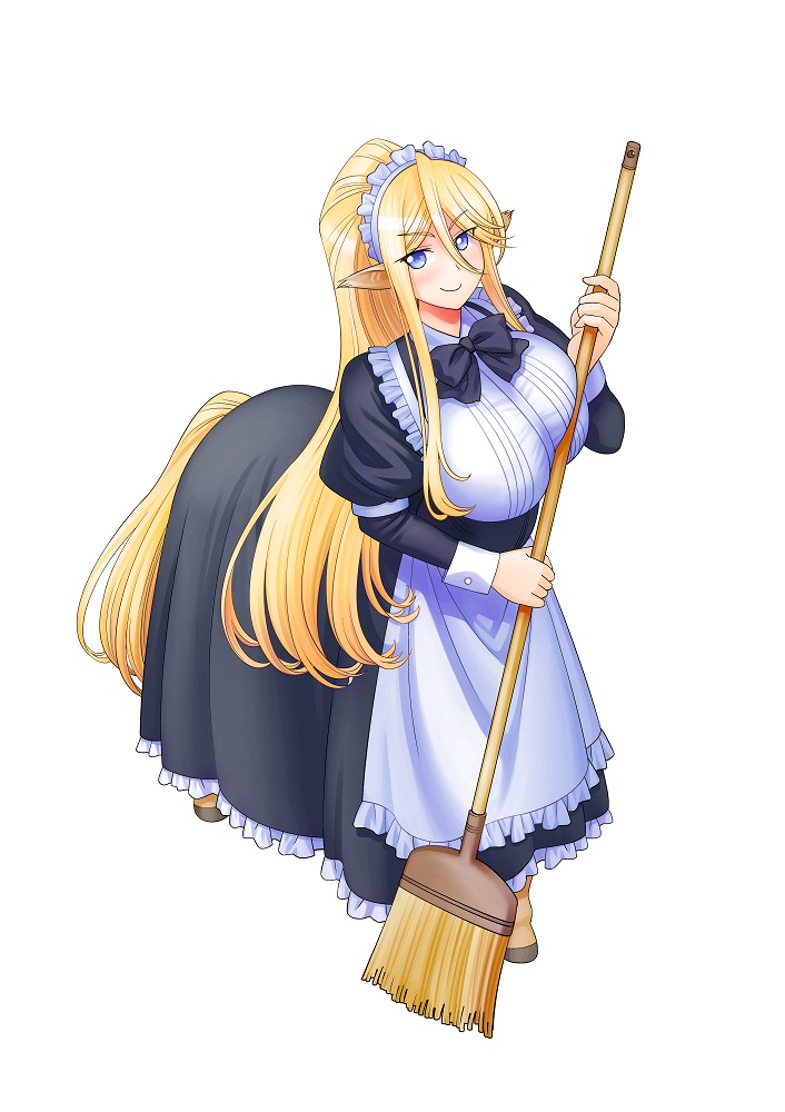 1girl alternate_costume animal_ears black_dress black_neckwear blonde_hair blue_eyes bow bowtie breasts broom centaur centorea_shianus closed_mouth dress enmaided full_body holding holding_broom horse_ears juliet_sleeves large_breasts long_sleeves looking_at_viewer maid maid_headdress monster_girl monster_musume_no_iru_nichijou official_art okayado ponytail puffy_sleeves simple_background smile solo standing white_background