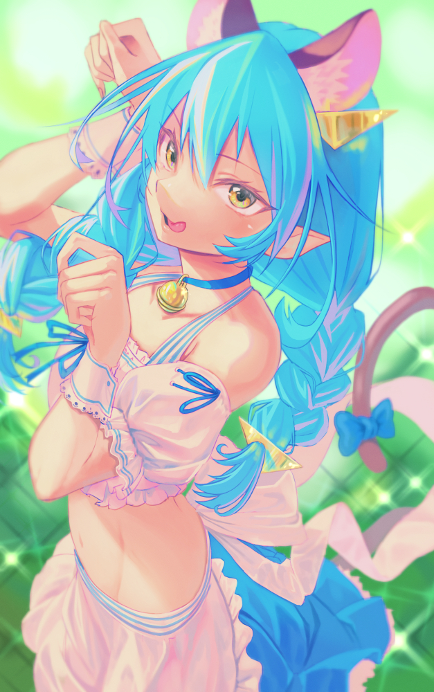 1girl :q animal_ear_fluff animal_ears apron bangs bell bell_choker blue_choker blue_hair blue_skirt braid cat_ears cat_tail choker collarbone frilled_apron frills groin hair_between_eyes jj_(ssspulse) long_hair low_twintails midriff navel paw_pose pointy_ears precure shiny shiny_hair skirt solo standing star_twinkle_precure stomach tail tongue tongue_out twin_braids twintails very_long_hair waist_apron white_apron white_neckwear yellow_eyes yuni_(precure)