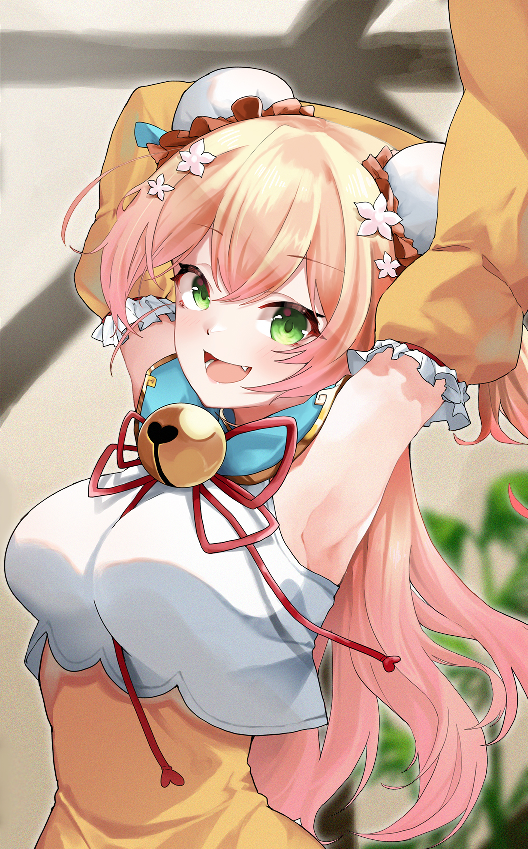 1girl armpits arms_behind_head bangs blonde_hair blush breasts bun_cover chinese_clothes detached_sleeves double_bun eyebrows_visible_through_hair flower green_eyes hair_between_eyes hair_flower hair_ornament highres hololive large_breasts long_hair looking_at_viewer momosuzu_nene neck_bell open_mouth smile solo toto_(kuro_toto) virtual_youtuber yellow_sleeves