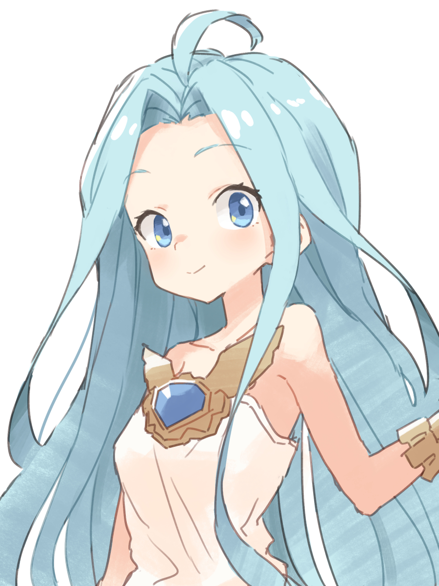 1girl ahoge blue_eyes blue_hair blush breasts bridal_gauntlets dress eyebrows_visible_through_hair gazacy_(dai) gem granblue_fantasy highres long_hair lyria_(granblue_fantasy) sapphire_(gemstone) simple_background sleeveless sleeveless_dress small_breasts smile solo white_background white_dress