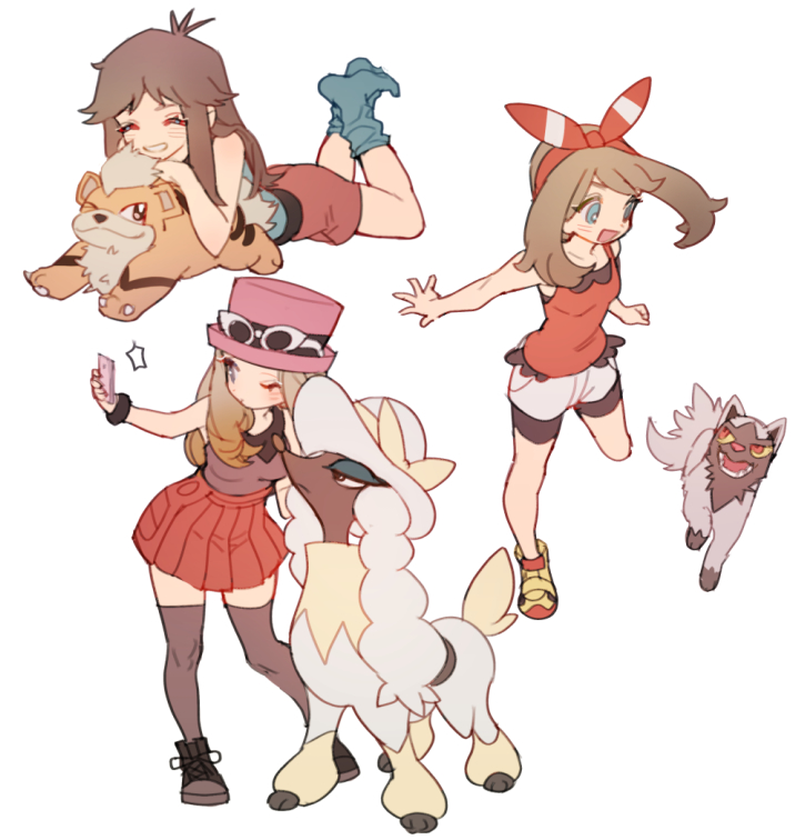 3girls bike_shorts black_footwear black_legwear blue_(pokemon) blue_eyes blush bow_hairband brown_hair cellphone closed_eyes commentary_request eyewear_on_headwear furfrou furfrou_(debutante) gen_1_pokemon gen_3_pokemon gen_6_pokemon growlithe hairband haruka_(pokemon) holding holding_phone long_hair multiple_girls one_eye_closed open_mouth phone pink_headwear pleated_skirt pokemon pokemon_(creature) pokemon_(game) pokemon_frlg pokemon_oras pokemon_xy poochyena red_hairband red_skirt red_tank_top self_shot serena_(pokemon) shoes shorts skirt socks sunglasses tank_top thigh-highs white_background zuizi