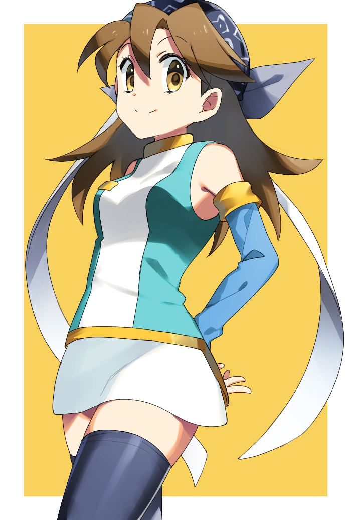 1girl arms_behind_back bandana bangs black_legwear breasts brown_eyes brown_hair closed_mouth commentary_request eyebrows_visible_through_hair eyelashes fingerless_gloves gloves long_hair looking_at_viewer looking_down mint_(pokemon) pokemon pokemon_(game) pokemon_card_gb smile solo thigh-highs two-tone_background yuihiko