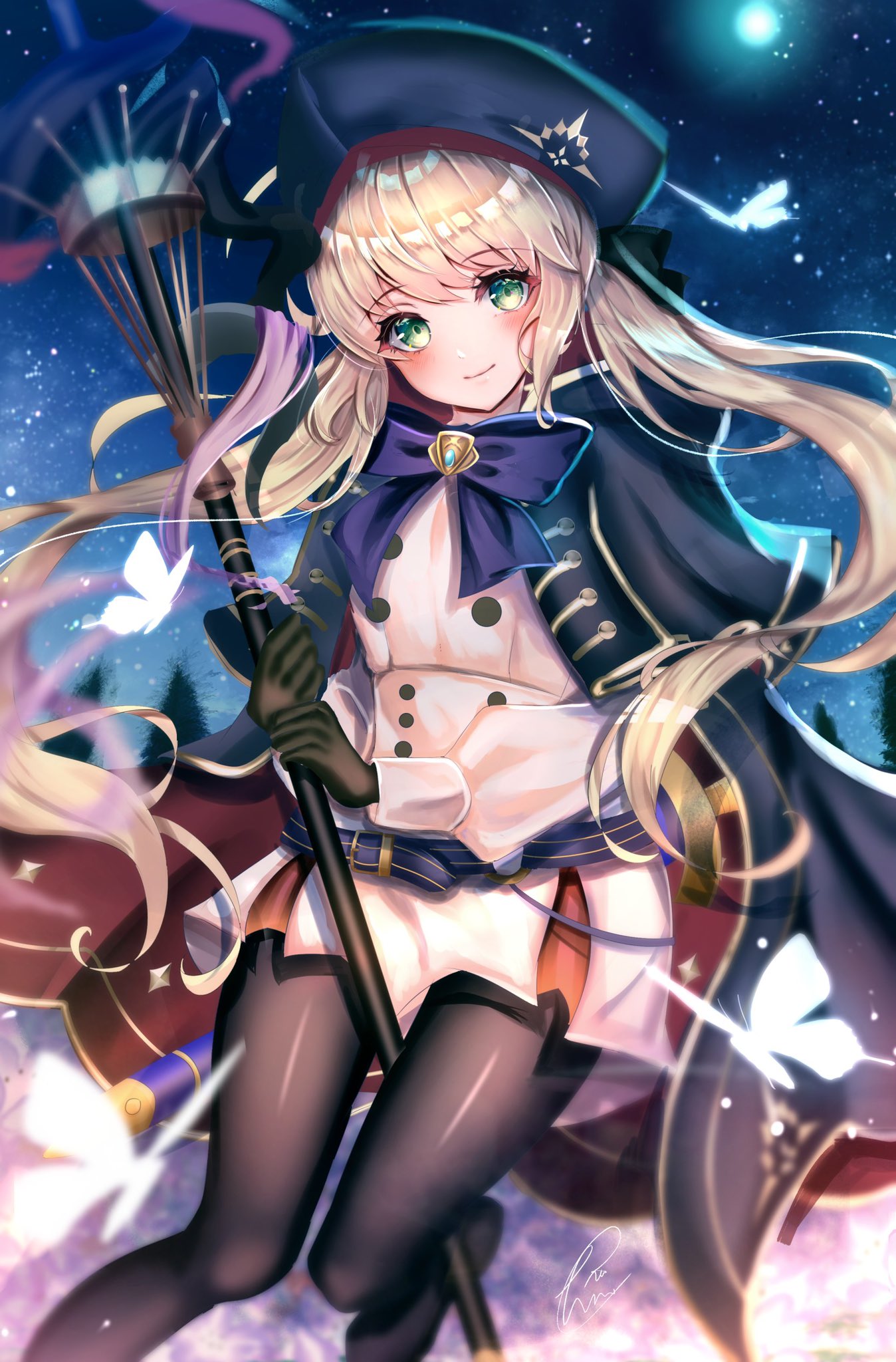 1girl artoria_pendragon_(all) artoria_pendragon_(caster) blonde_hair bow chiachun0621 eyebrows_visible_through_hair fate/grand_order fate_(series) gloves green_eyes hat highres holding holding_staff long_hair long_sleeves looking_at_viewer pantyhose smile solo staff