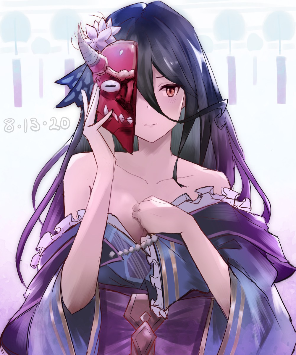 1girl bare_shoulders black_hair collarbone dated flower gradient_hair granblue_fantasy hair_between_eyes hair_flower hair_ornament half_mask hand_on_mask highres japanese_clothes kimono long_hair multicolored_hair obi oni_mask punished_pigeon purple_hair red_eyes rosamia_(granblue_fantasy) sash solo wind_chime