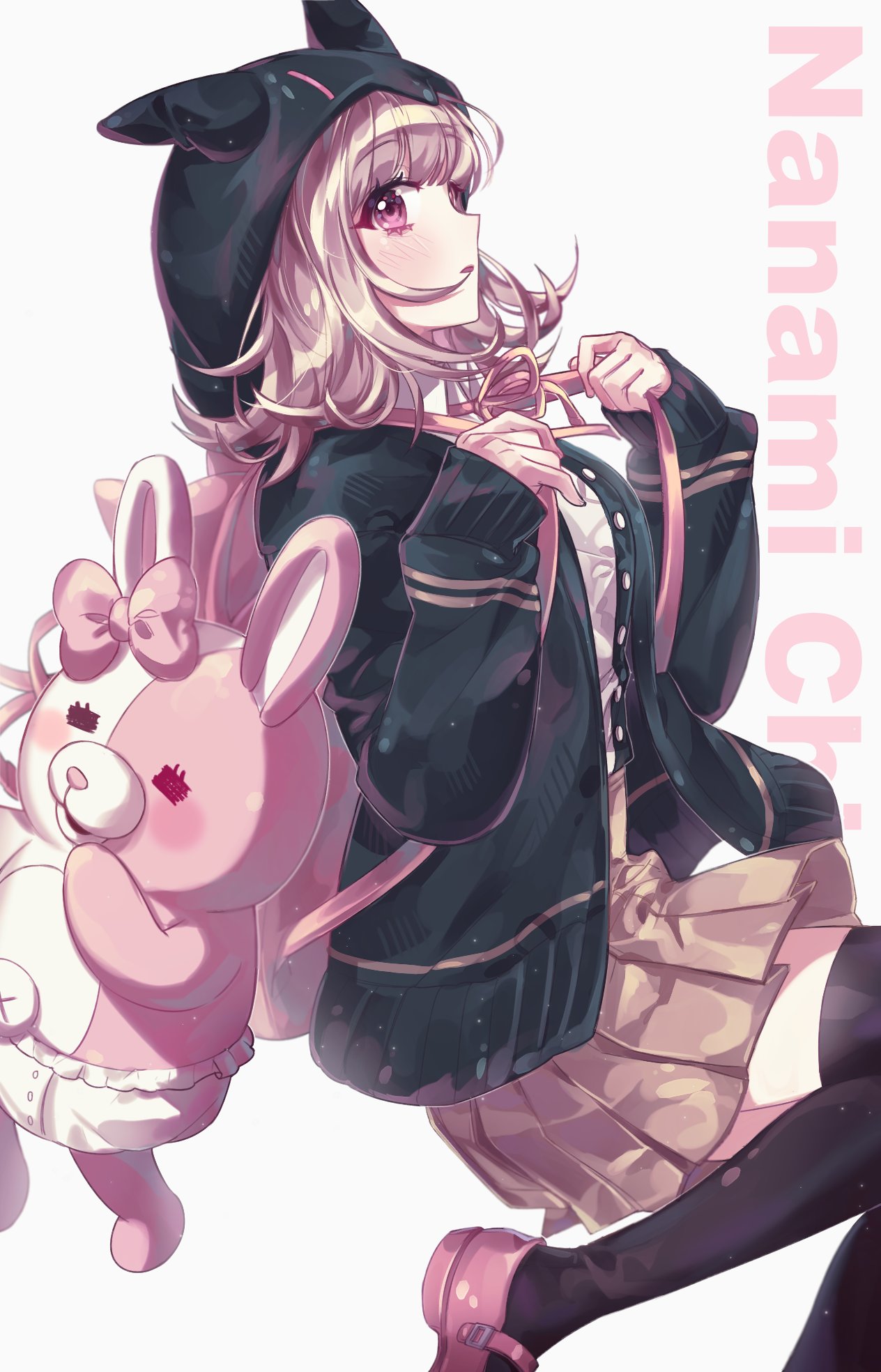 1girl animal_hood backpack bag black_hoodie black_legwear bow breasts cat_hood dangan_ronpa eyebrows_visible_through_hair eyelashes flipped_hair from_side gamja_n_dg hair_ornament highres hood hoodie looking_at_viewer medium_breasts medium_hair monomi_(dangan_ronpa) nanami_chiaki parted_lips pink_bow pink_eyes pink_footwear pink_hair pleated_skirt rabbit ribbon school_uniform shiny shiny_hair shirt skirt smile super_dangan_ronpa_2 thigh-highs white_background