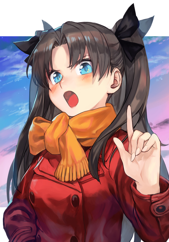 1girl bangs black_hair blue_eyes blue_sky blush breasts buttons coat fate/stay_night fate_(series) hankuri index_finger_raised long_hair long_sleeves looking_at_viewer medium_breasts open_mouth orange_scarf parted_bangs red_coat scarf sky tohsaka_rin two_side_up