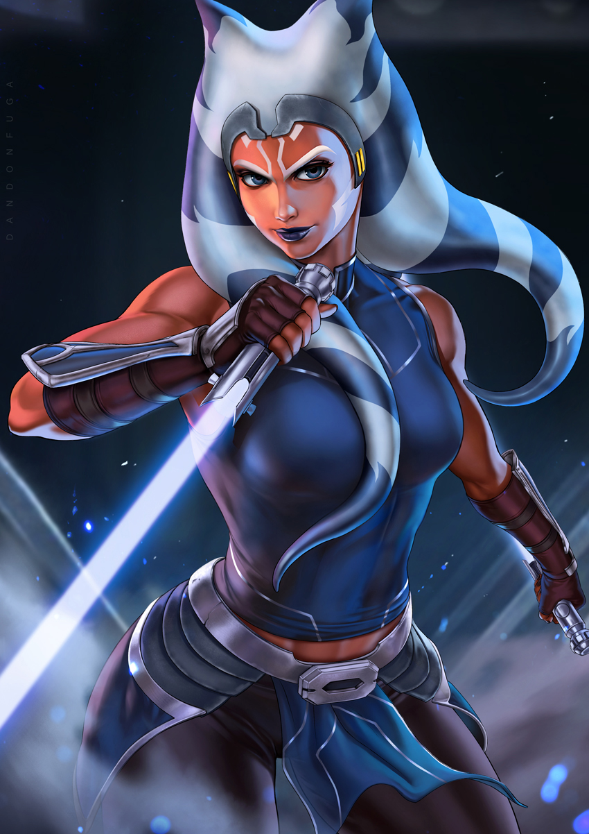 1girl abs ahsoka_tano alien blue_eyes breasts brown_gloves clenched_hands dandon_fuga dual_wielding energy_sword gloves highres holding jedi jedi_knight lightsaber lipstick looking_at_viewer makeup orange_skin star_wars star_wars:_the_clone_wars sword togruta weapon