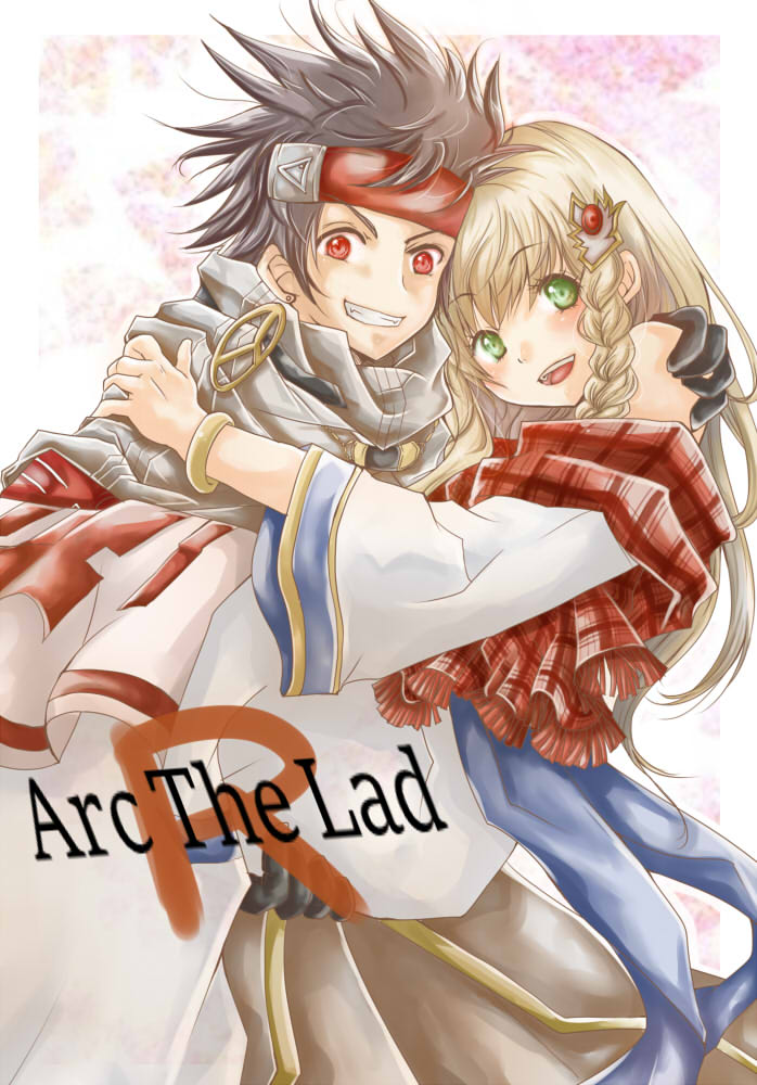 1boy 1girl arc_the_lad arc_the_lad_ii black_hair blonde_hair braid dress elc_(arc_the_lad) gloves green_eyes lieza long_hair looking_at_viewer open_mouth smile spiky_hair