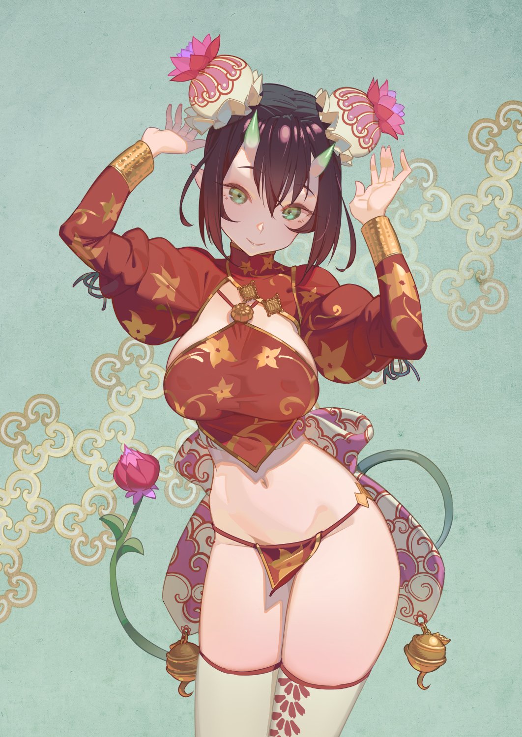 1girl arms_up breasts bun_cover closed_mouth cowboy_shot demon_girl double_bun english_commentary floral_print flower gold_trim green_eyes hair_between_eyes hair_ornament hands_up highres horns juliet_sleeves large_breasts loincloth long_sleeves looking_at_viewer lotus medium_hair navel oni oni_horns original pelvic_curtain pointy_ears puffy_sleeves shrug_(clothing) sidelocks smile solo standing stomach succubus tail thigh-highs tim_loechner white_legwear