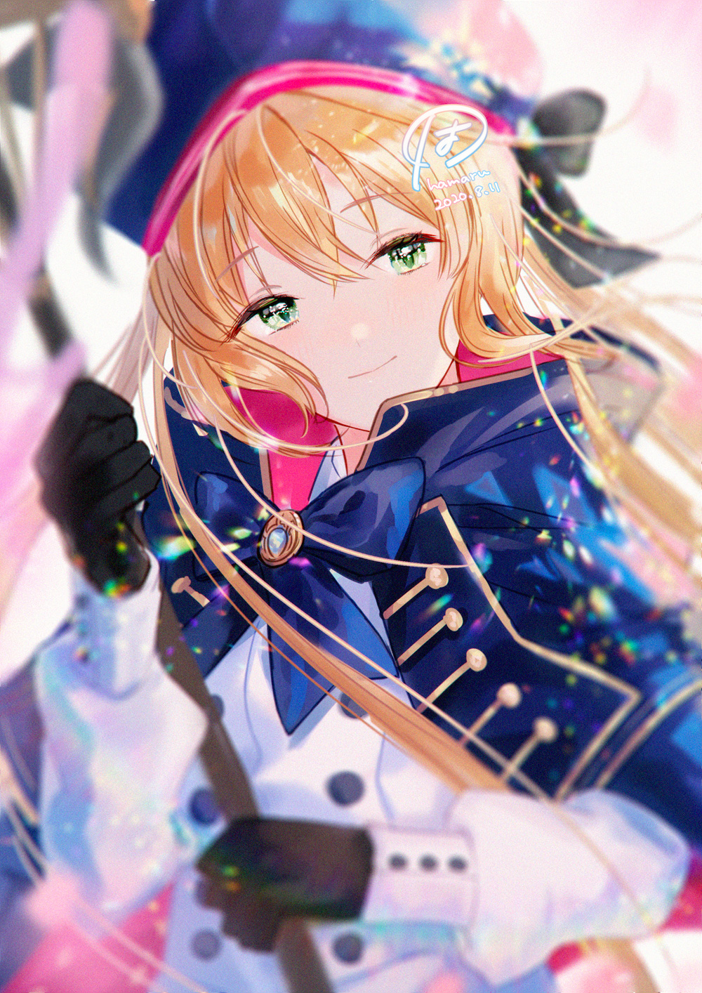 1girl 2020 artoria_pendragon_(all) artoria_pendragon_(caster) blush bow bowtie dated eyebrows_visible_through_hair fate/grand_order fate_(series) gloves green_eyes hair_between_eyes hamaru_log hat highres holding holding_staff long_hair long_sleeves looking_at_viewer smile solo staff