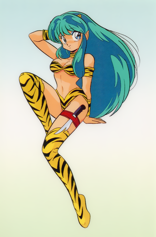 1980s_(style) 1girl animal_print armband artist_request bikini blue_eyes boots choker eyebrows_visible_through_hair eyeshadow full_body green_hair hand_behind_head horns knee_boots knife long_hair looking_at_viewer lum makeup official_art oldschool smile solo swimsuit thigh-highs thigh_boots thigh_strap tiger_print tiger_stripes urusei_yatsura wristband